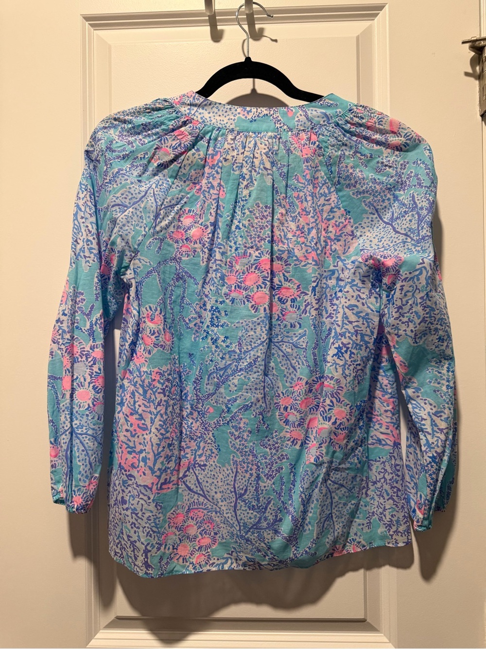 Lilly Pulitzer Turquoise Floral Button-Front Peasant Blouse - Picture 5 of 7
